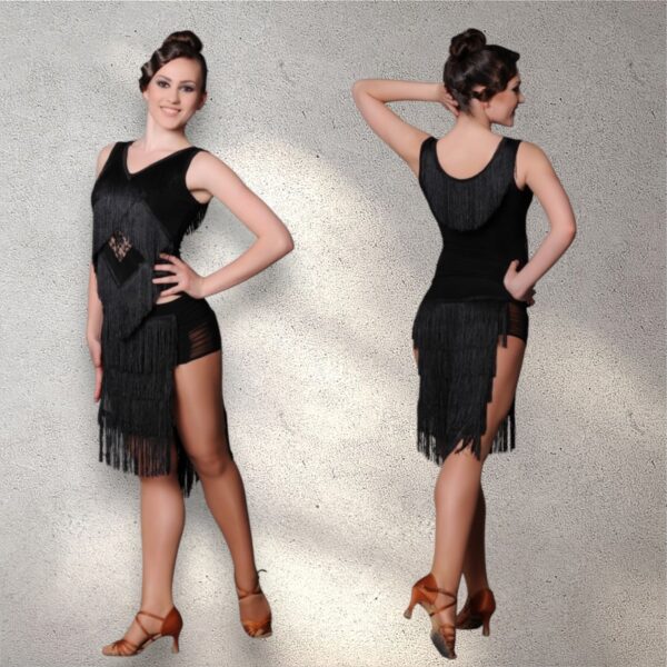 Latin Dance Skirt with Fringe and Mesh Inserts 407